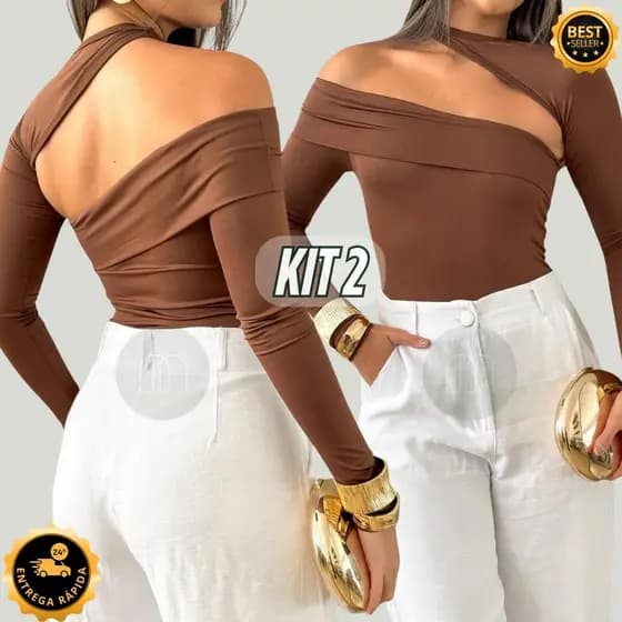 Kit 2 ou 1 Unidade Body Assimétrico com Manga Longa – Suplex Premium Slim Festa Moda Gringa