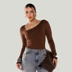 Body Feminino Manga Longa Decote Assimétrico - Suplex Premium - Outono Inverno Elegante
