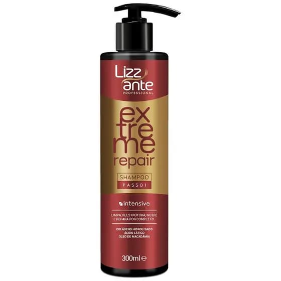 Shampoo Extreme Repair 300ml Lizz ante Pós Química Restaura Recupera o Fios Danificados Reconstrução