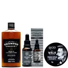 Kit para Barba e Cabelo Qod - Shampoo Whisky 220ml + Oleo de Barba 25ml + Pomada Capilar Modeldora 70g