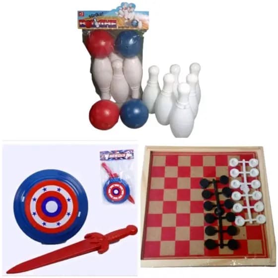 KIT 3 BRINQUEDOS SENDO Mini Boliche Infantil 6 pinos 16 cm  e duas bolas+JOGO DE DAMA 28x28 CM+Kit Escudo e Espada Heróis - Brinquedo Infantil