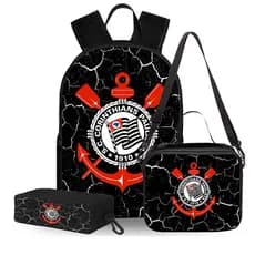 Kit Mochila Time de Futebol Timão com Lancheira Térmica e estojo Jumbo 3 Repartições Escolar