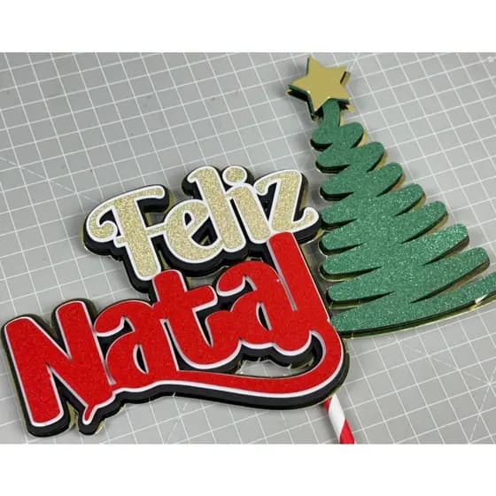 Topo de Bolo Feliz Natal com Árvore- Topper Feliz Natal com árvore