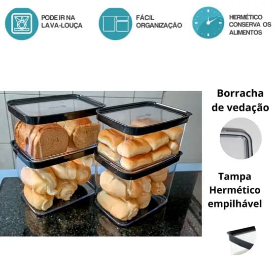 Kit 4 Potes Herméticos (4L + 2,5L) - Para Arroz, Pães, Feijão, Bisnaguinha | Vedação | Empilhável