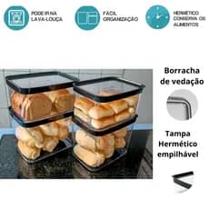 Kit 4 Potes Herméticos (4L + 2,5L) - Para Arroz, Pães, Feijão, Bisnaguinha | Vedação | Empilhável