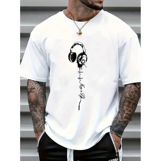 Camiseta Masculina Basica Musica Headset Fone de Ouvido Batimento Coração 100% Algodão