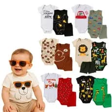 Kit 3 Peças Body Bebê Menino Verão Body Curto e Regata e Short Roupa Bebê Menino Verão Algodão
