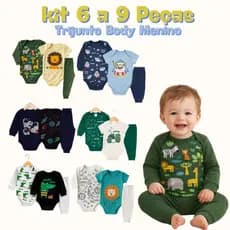 Kit 9 Peças Body Bebê Menino Inverno Algodão com 03 Body Manga Longa 03 Body Manga Curta e 03 Calça