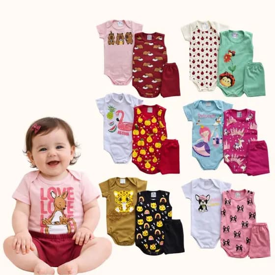 Kit 9 Peças Body Verão Bebê Menina Body Manga Curta e Regata e Short Tamanho RN ao GG