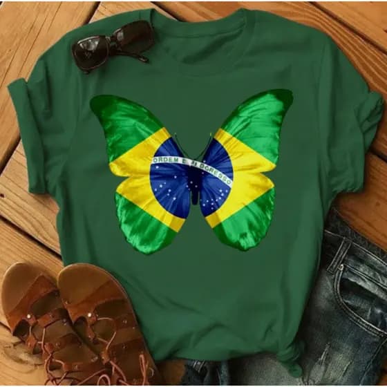 Camiseta Camisa Blusa Feminina Básica " Borboleta Bandeira do Brasil " Casual  Copa  do  Mundo  2026