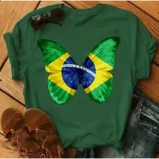 Camiseta Camisa Blusa Feminina Básica " Borboleta Bandeira do Brasil " Casual  Copa  do  Mundo  2026