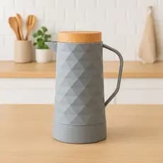 Garrafa Térmica Cinza 1 Litro com Tampa Efeito Bambu Design Moderno Café Chá Bebidas Quentes Frias