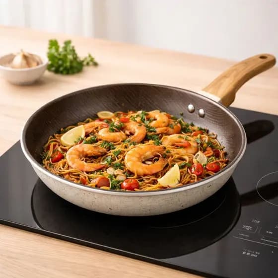 Frigideira Antiaderente  Indução 24cm Premium Cabo Efeito Madeira Gás Elétrico Cozinha Casa