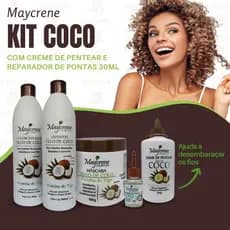 Kit Maycrene Óleo De Coco, Hidratação e Nutrição dos Cachos com 5 Produtos (Shampoo, Condicionador, Máscara Hidratação, Creme de Pentear e Reparador de Pontas 30ml)
