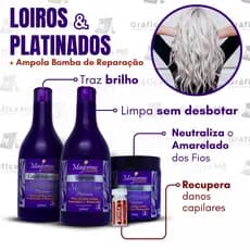 Kit Matizador Platinum Desamarela Cabelos Loiros 3x500ml Maycrene + Ampola Bomba de Reparação 2,8ml