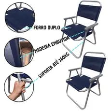 Kit 2 Cadeira de Praia com Madeira Embutida Plus Size até 160kg de Alumínio Hiper Resistente