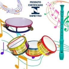 Kit Instrumento Musical 3 Brinquedos Infantil Pandeiro Tambor Flauta Doce
