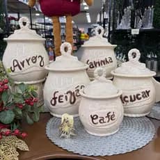 Jogo 5 Potes de Mantimentos para Arroz Feijão Farinha Açúcar e Café em cerâmica pintura decorativa
