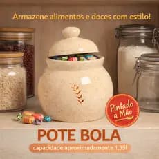 Pote Bola P Cerâmica 1,35L Pintado à Mão Porta Mantimentos Biscoito, Bala, Chocolate, Café, Grãos Decoração Cozinha Sala