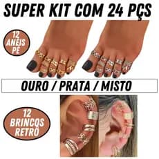 Kit Completo de Acessórios: 12 Anéis de Pé + 12 Brincos de Retro Estilo e Qualidade com 1 Ano de Garantia! 💍👣