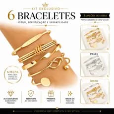 Kit com 3 ou 6 Pulseiras Braceletes Femininos Banhados a Prata 925 e Ouro 18k