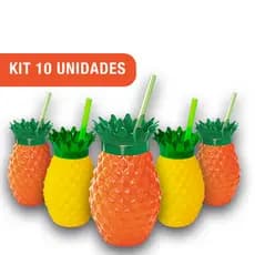 Kit 10 Copos Formato Abacaxi Laranja e Amarelo Com Canudo Festa Tropical Moana