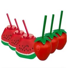 10 Copos Fruta Morango E Melancia Plástico Festa Tropical Com Canudo