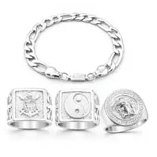 conjunto Dedeira Em Prata 925 Anel Masculino Prata + Pulseira 10MM masculino Prata