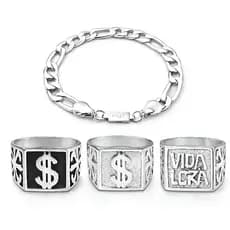 kit Dedeira Em Prata 925 Anel Masculino Prata Pulseira 10MM Prata