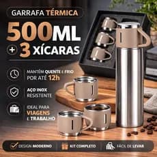 Garrafa Térmica 500ml Inox com Copo Kit com 3 Xícaras Conserva Quente e Frio Viagem Camping Academia