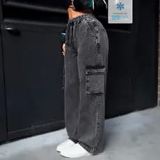 Calça Cargo Feminina Larga Wide Leg Casual Streetwear Cintura Alta Bolsos Cargo Cordão Ajustável Moda Feminina