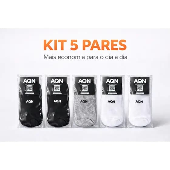 kit 5 Pares Meia Soquete Masculina Invisível AQN Confortável Preta Branca Cinza