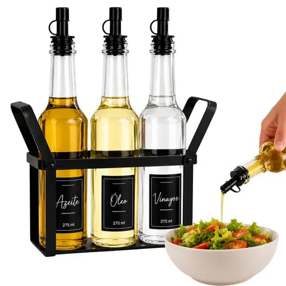 Galheteiro Porta Azeite Vidro 3 Potes Vinagre Azeiteite óleo + etiquetas