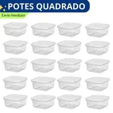 Jogo Pote Quadrado 270ml com Tampa, Jogo Pote Plástico BPA free, Conjunto Pote Mini Quadrado Fitness