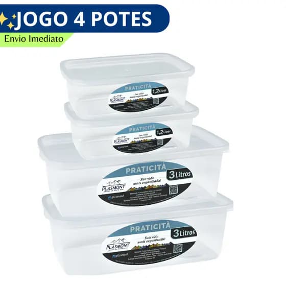 Jogo 4 Potes PRESIDIO Transparente 1,2 L E 3,0 L Retangular