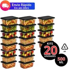 Marmita 500ml Kit 20,10,5 Unidades Potes Herméticos Tampa Preta BPA Free Freezer