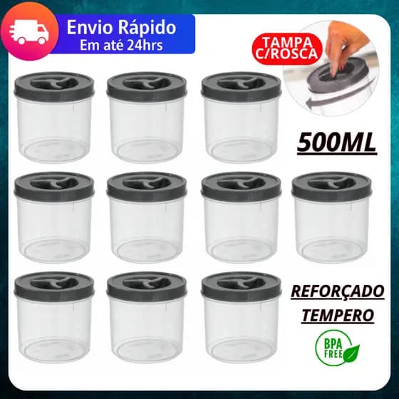 Jogo 10 Potes Redondo 500ml Tampa Preta com Rosca BPA FREE REFORÇADO Pote Mantimentos Tempero Potinho