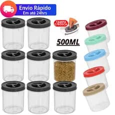 Jogo 10/5 Potes Redondo 500ml Tampa Preta REFORÇADO com Rosca BPA FREE Pote Mantimentos Tempero Potinho