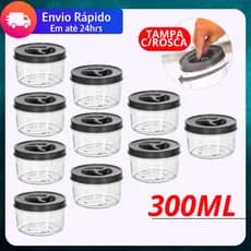 Jogo 10 Potes Redondo 300ml Tampa PRETO com Rosca BPA FREE Potinho Transparente Tempero Doce Papinha Bebê
