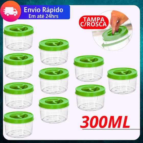 Jogo 10 Potes Redondo 300ml Tampa com Rosca BPA FREE Potinho Transparente Tempero Doce Papinha Bebê