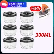 Jogo 6 Potes Redondo 300ml Tampa com Rosca BPA FREE Potinho Transparente Tempero Doce Papinha Bebê