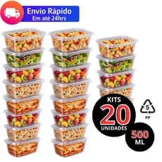 Kit 20 Potes 500ml Reutilizável Transparentes BPA FREE Freezer Microondas Marmita Organizador