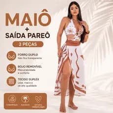 Maiô Feminino com Saída Pareô Suplex Forro Duplo Bojo Removível Praia Piscina