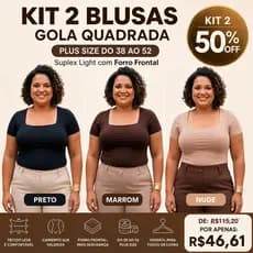 Kit 2 Blusa Feminina Gola Quadrada Plus Size Suplex Light Com Forro Frontal 38 ao 52