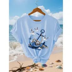 Camiseta T-shirt gráfica de nautical com âncora e gaivotas em azul claro para mulheres - T-shirt casual de manga curta
