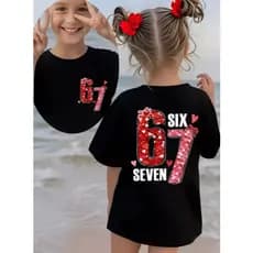 Camiseta de Manga Curta Feminina Infantil de Moda de Verão SIX SEVEN, Número 67 com Elemento de Coração, Estampa de Dese