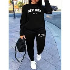 Conjunto de Moletom CARECA E CALÇA Casual Feminino com Estampa New York EUA para Outono e Inverno