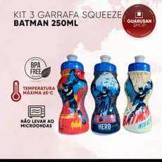 Kit 3 Garrafa Squeeze Cantil Infantil para Água Chá Sucos - DC Batman 250ml (Livre de BPA)