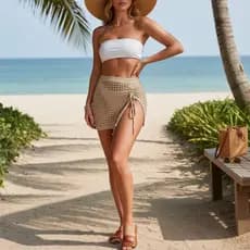 Saida Praia Banho Saia Mini Crochê Verão Tricot com Cordão Lateral Fenda Piscina Elegante Moda Verão