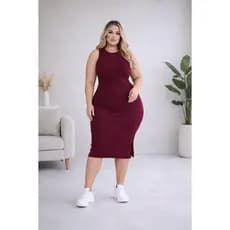 Vestido Midi Plus Size Regata Gola Redonda Com Fenda Lateral Modelador Alcinha Alça Confortável
